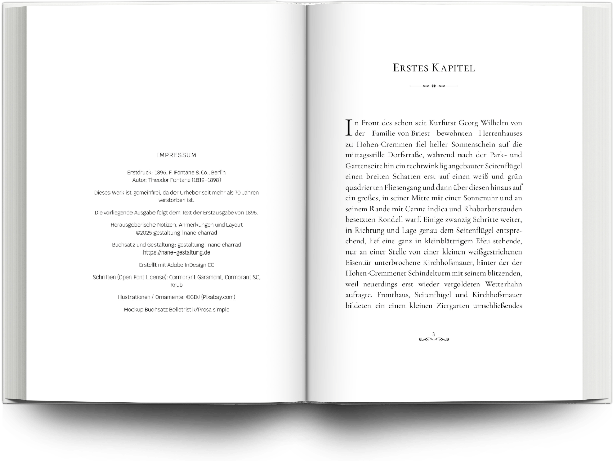 Mockup Buchsatz Belletristik/Prosa mit dezenten Verzierungen