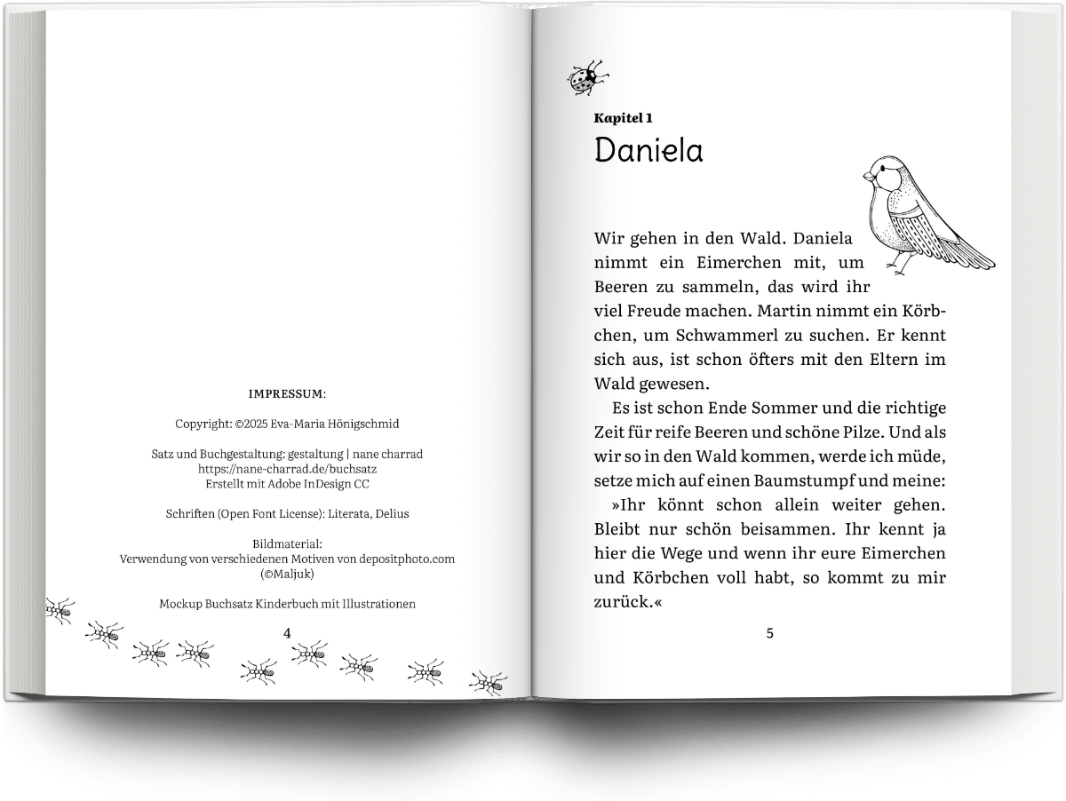 Mockup Buchsatz Belletristik/Jugendbuch mit Illustrationen