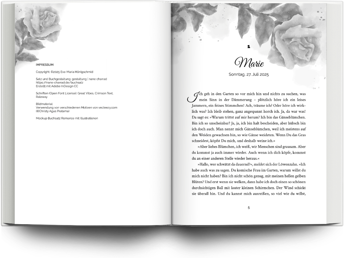 Mockup Buchsatz Belletristik/Romance mit Illustrationen