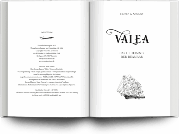 Buchsatz Valea1 "Das Geheimnis der Deamaar", Autor: Carolin A. Steinert, EÜberarbeitete Fassung und Neuauflage Juli 2026 | ©2026 Nane Charrad Gestaltung | buchsatz | print | grafik | powerpoint | web